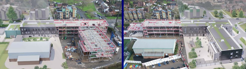 School construction: Render merged with real-world image