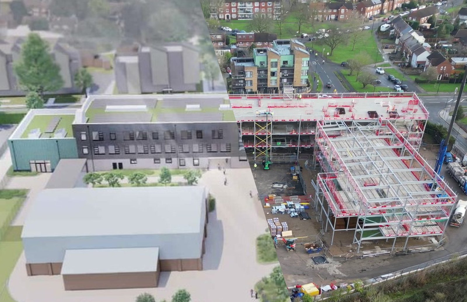Second Islip Manor render-to-reality comparison showing progress from another angle
